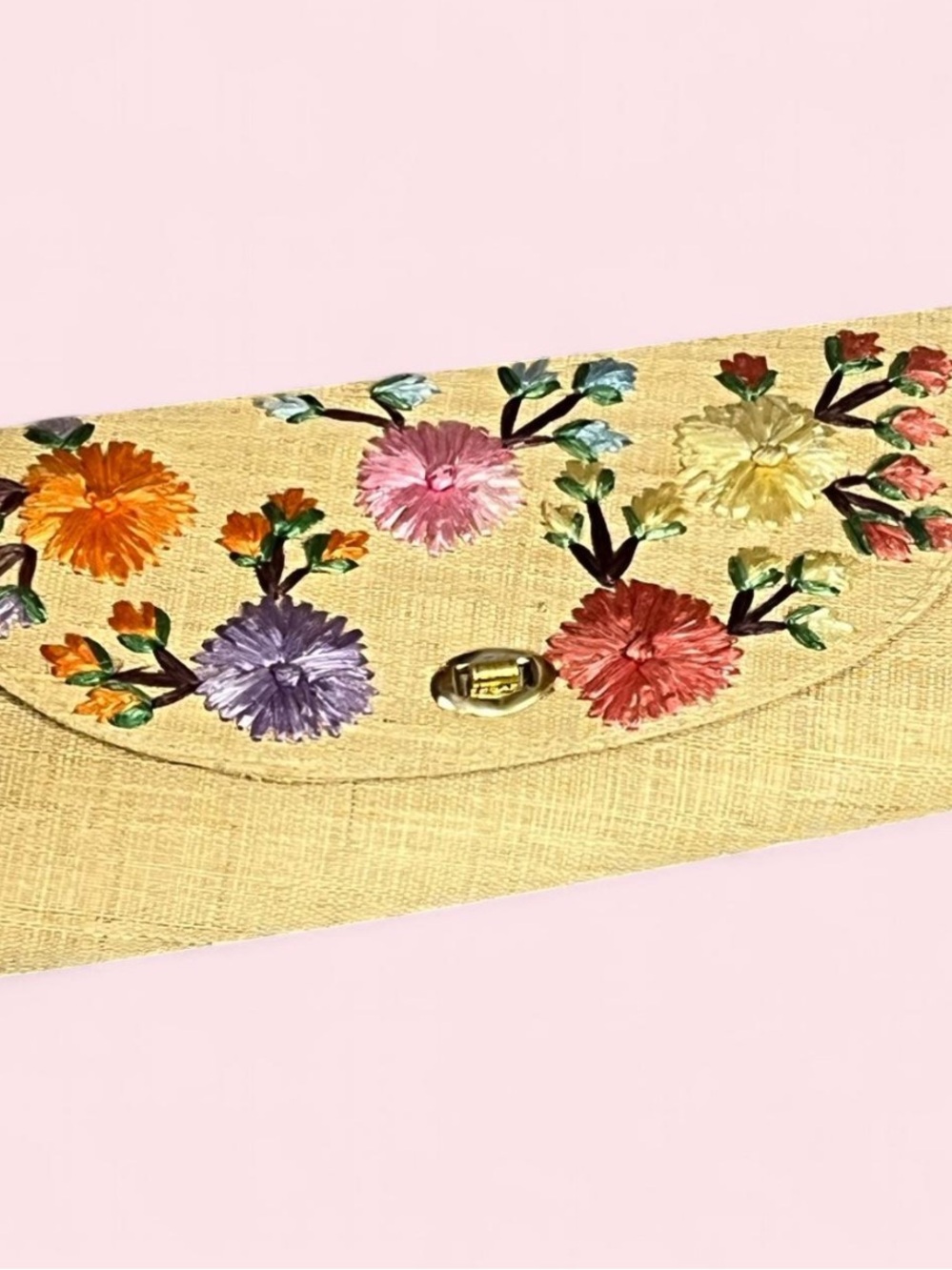 Embroidered Floral Straw Clutch in Pale Yellow